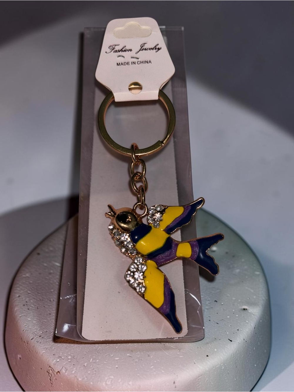 Rhinestone Bird Keychain Purse Charm Yellow Purple Enamel Gold Tone NWT